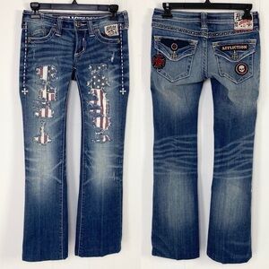 AFFLICTION Jeans Womens 24 Bootcut Distressed American Flag Biker Patches Denim*